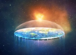 a surreal illustration of a flat earth in space